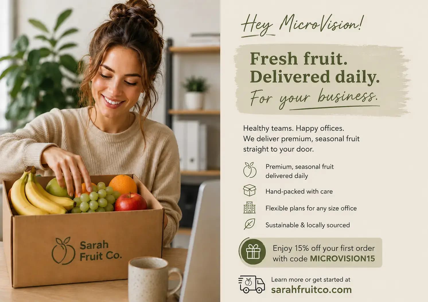 Sarah Fruit personalized delivery postcard design