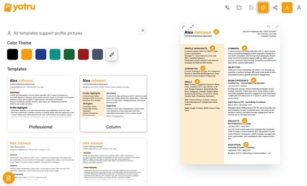 Multiple ATS-compliant templates with accent colors are available