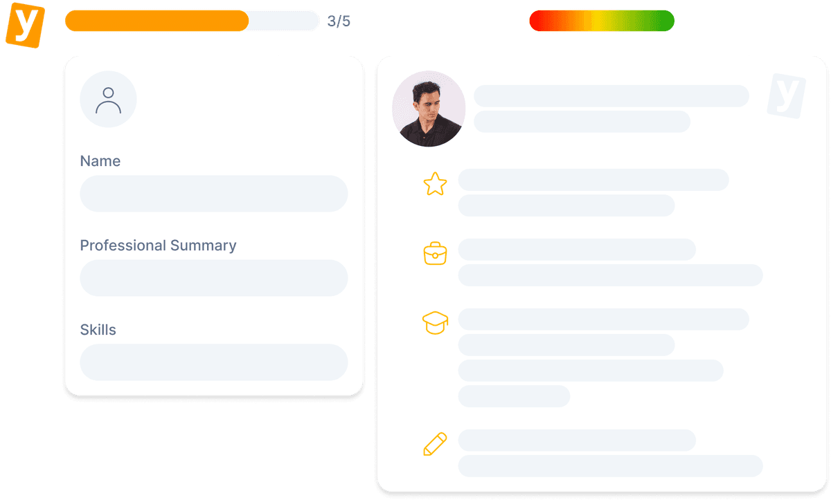 Yotru AI Resume Builder interface showing a modern resume editor with progress tracking, profile section, and form fields for creating professional resumes
