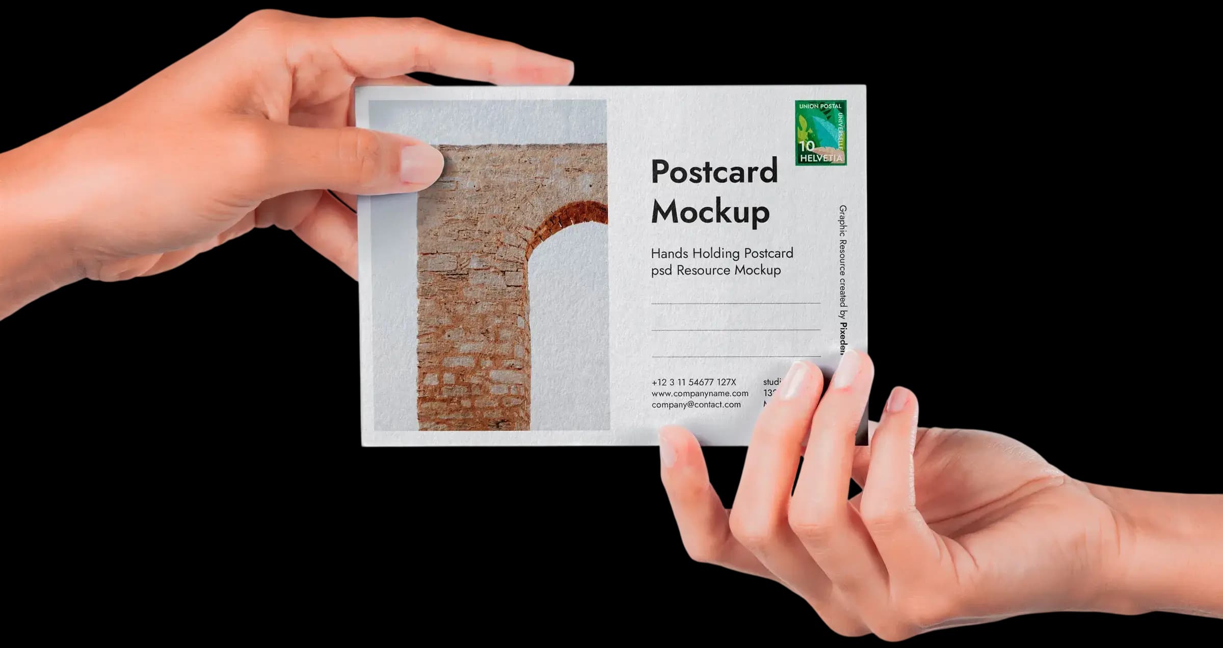 Hands passing a personalized postcard across a desk