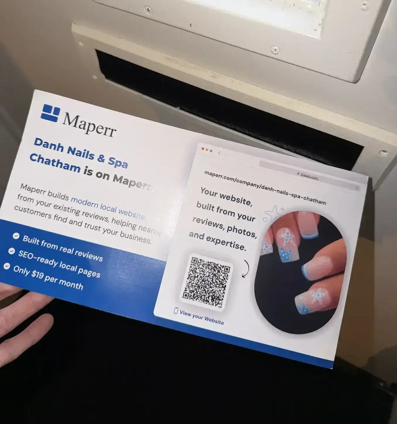 Maperr postcard delivered to a local business mailbox