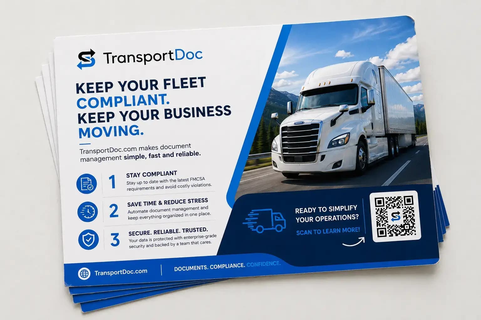 Stack of TransportDoc postcards from the mail drop