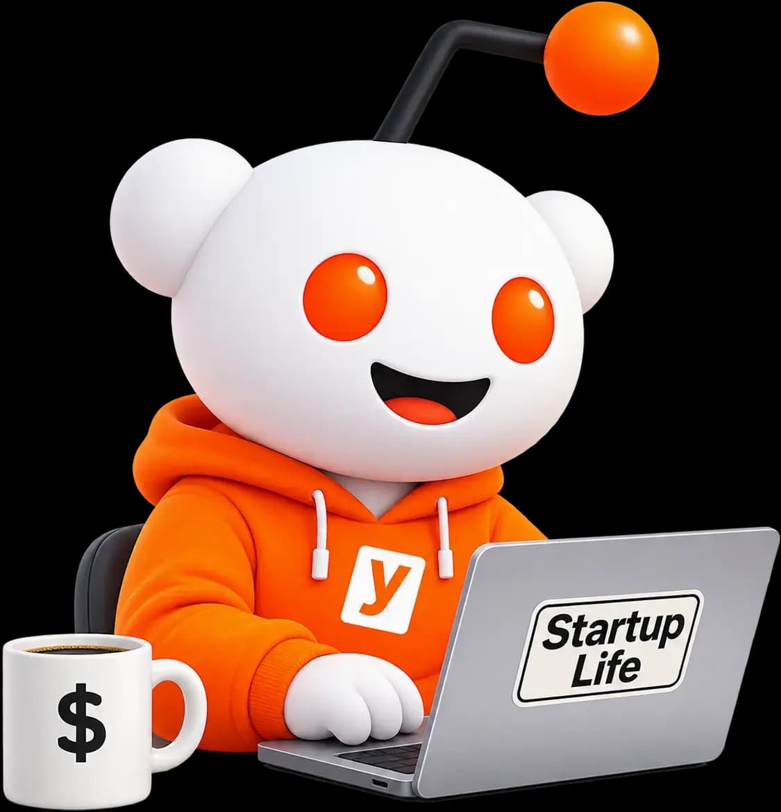 Reddit character working at a laptop