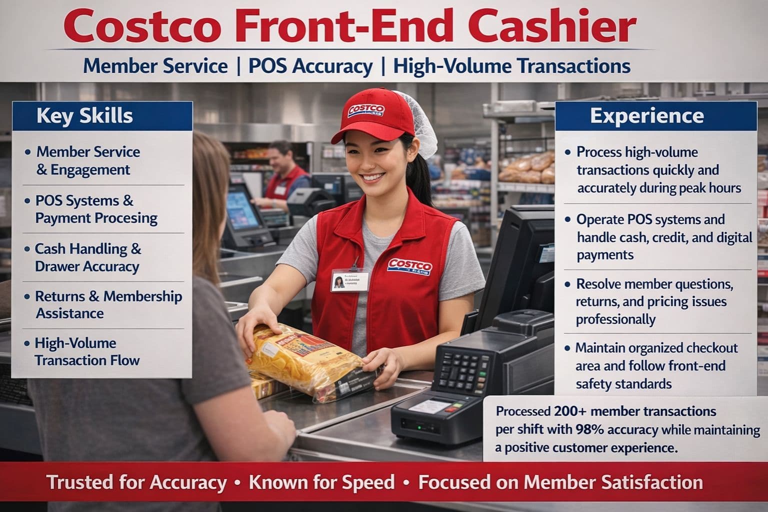 Costco front-end cashier assisting a customer at checkout, highlighting POS accuracy, member service, and high-volume transaction experience.