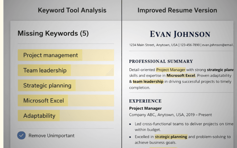 Split-screen showing AI resume optimization in 2026, with a keyword analysis tool highlighting missing terms on the left and an improved resume with naturally integrated keywords on the right.