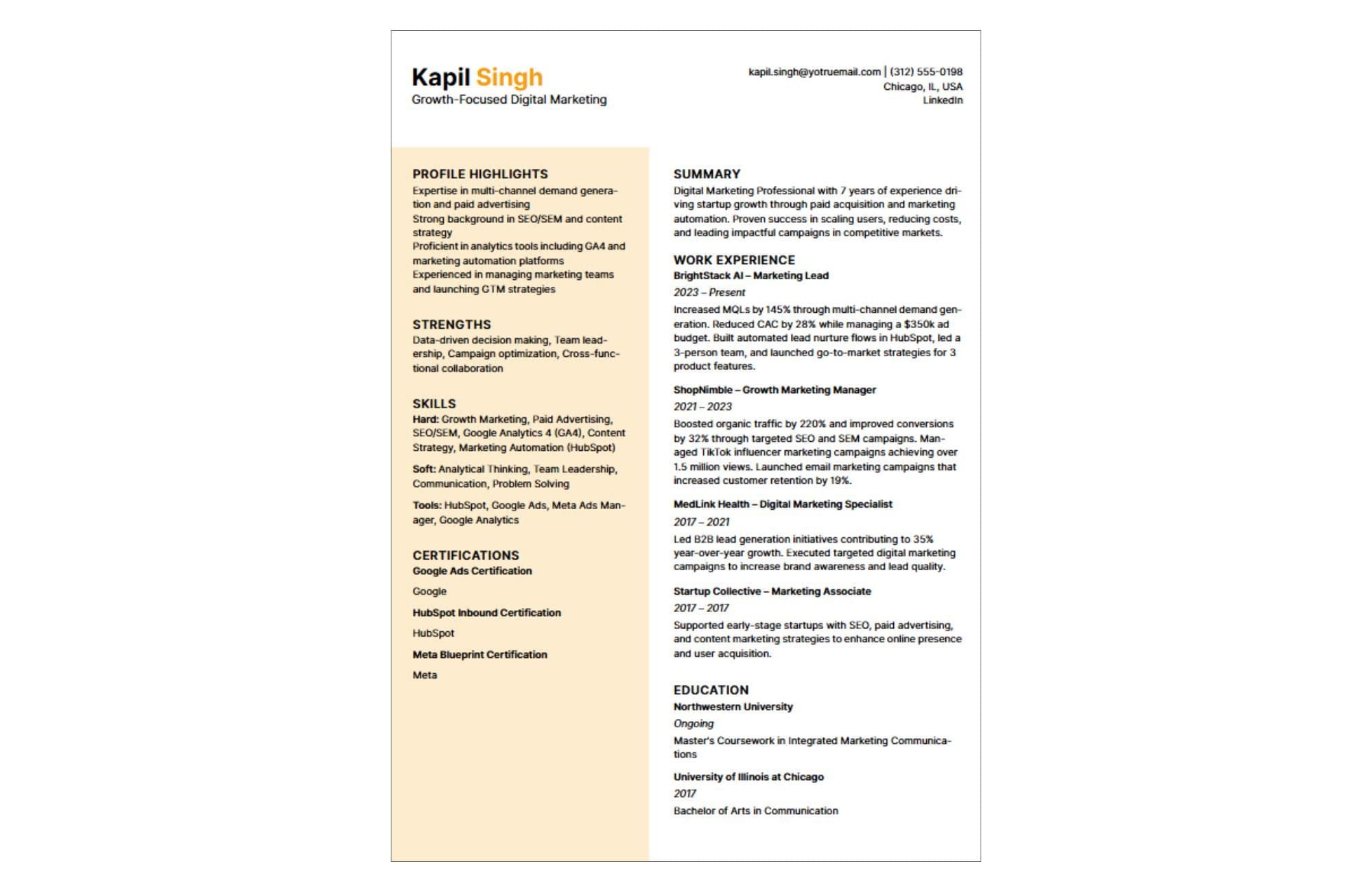 Single Page Resume Example for a Digital Marketing Manager with 7 years experience