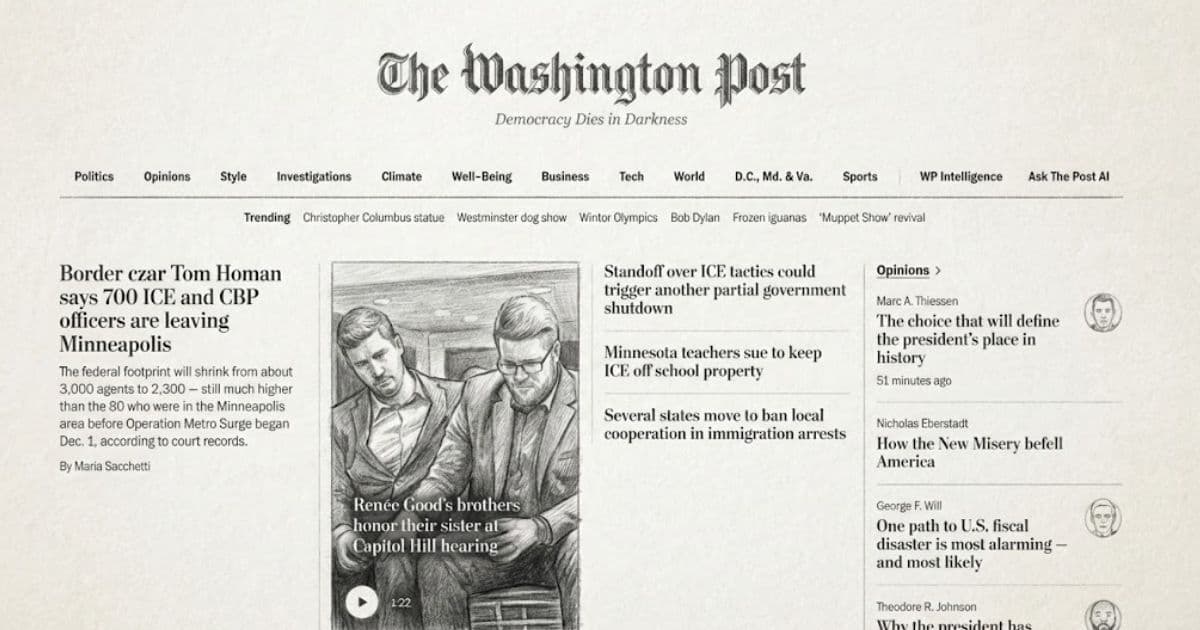 The Washington Post building exterior showing newspaper signage as employees navigate February 2026 layoffs affecting over 300 newsroom positions