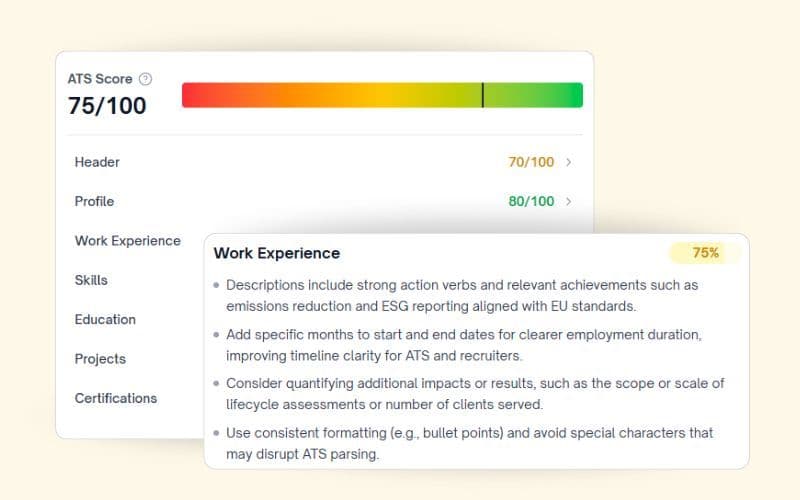 ATS resume scoring tool showing upload interface with PDF format requirement and compatibility assessment features