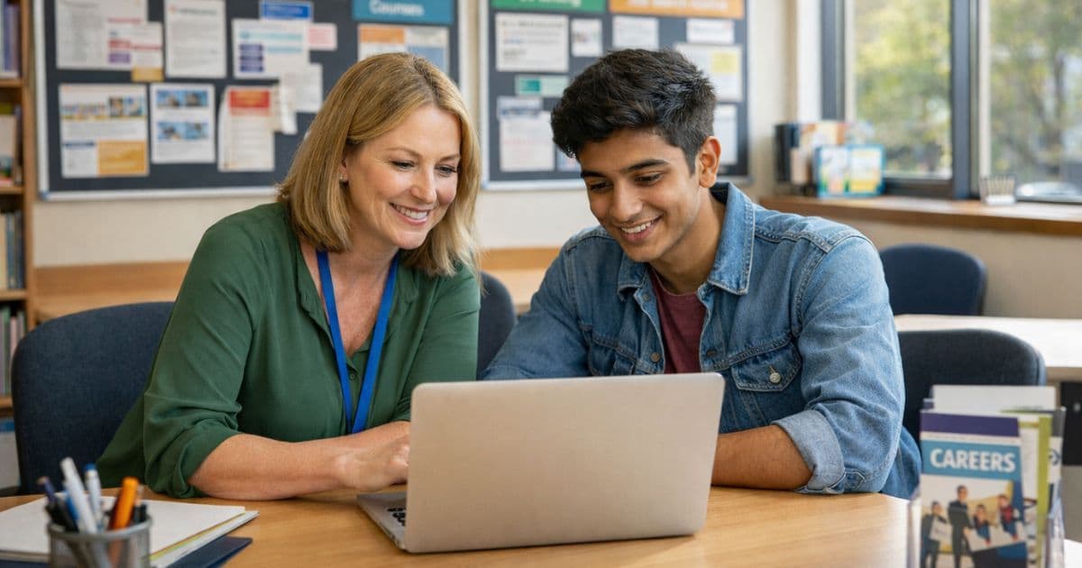 UK careers adviser and student using an employability platform for education in a college careers office with career pathway information displayed