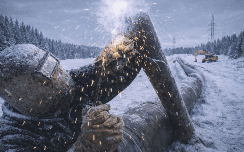 Alberta pipe welder welding pipeline in winter conditions, illustrating CWB pipe certification and oil and gas welding experience