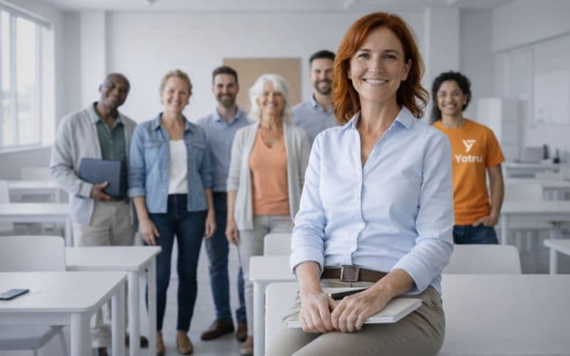 Adult education learners in a modern classroom using a resume platform, with instructor support and Yotru-branded orange shirt visible