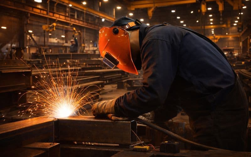 Steel fabrication facility interior showing structural beams and welding equipment for ADF Group jobs in Quebec and Montana