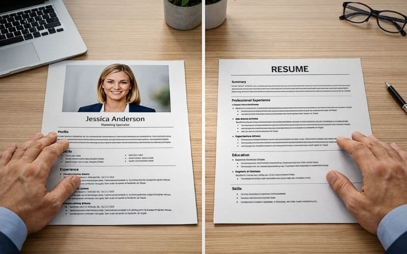 Hiring manager comparing a resume with a headshot and a text-only resume, visually representing the photo on resume decision.