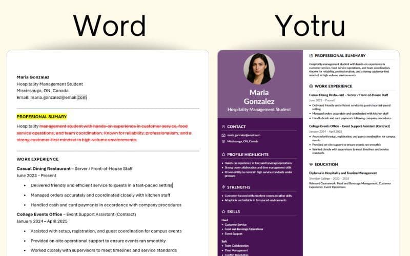 Comparison of a cluttered manually-built Word resume versus a clean ATS-optimized resume exported from a structured platform