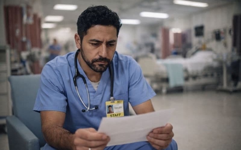 Personal support worker in a hospital setting in Ottawa reading a layoff notice, reflecting health care job cuts at Perley Health