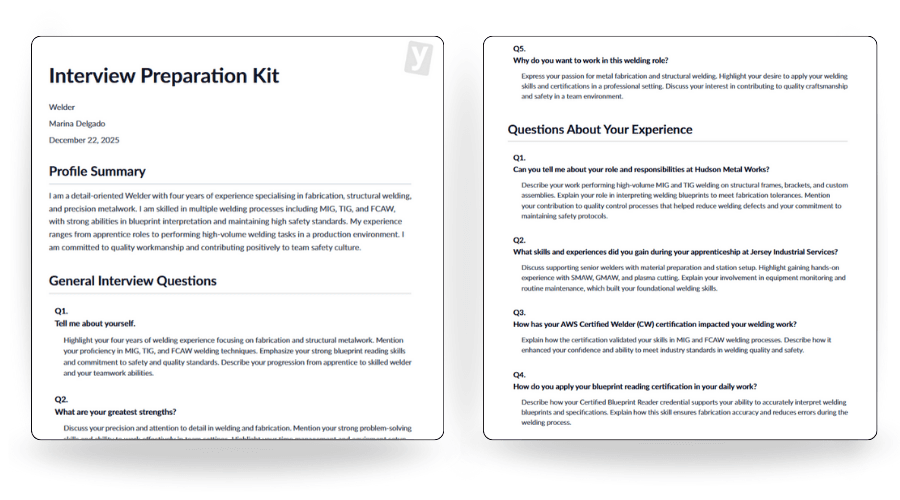 Welder interview preparation kit with common welding interview questions, experience prompts, and employer expectations