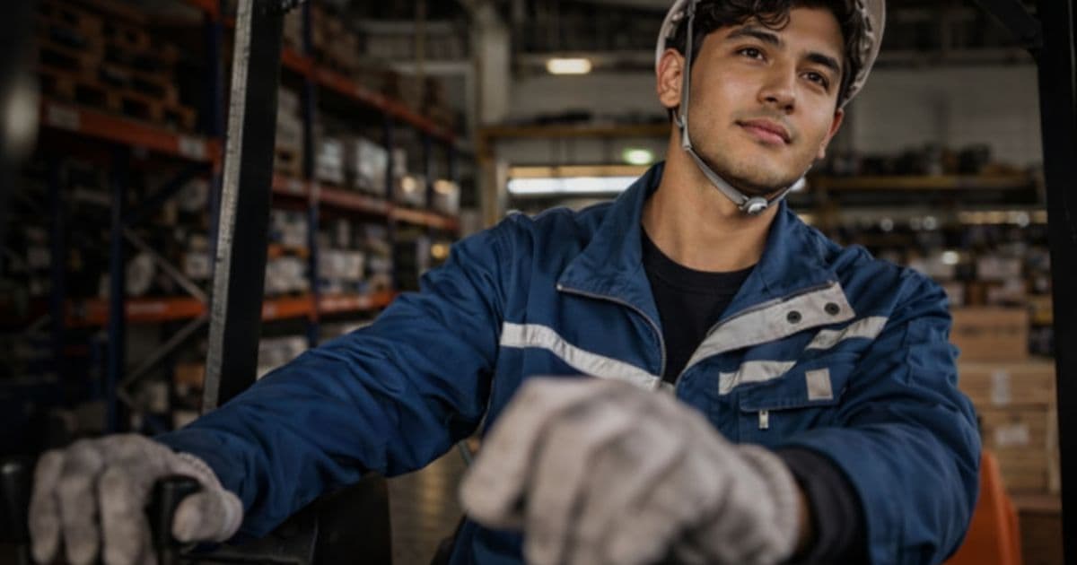 Certified forklift operator driving industrial lift truck in warehouse demonstrating skills and safety procedures featured in effective logistics resume with proper OSHA certification formatting