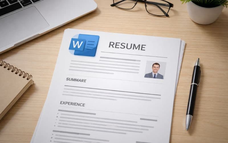 Job seeker downloading a resume as Word from a structured resume platform, showing clean formatting and professional layout