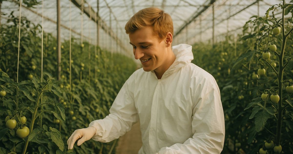 IPM manager inspecting greenhouse crops with digital tablet showing pest scouting data for integrated pest management position