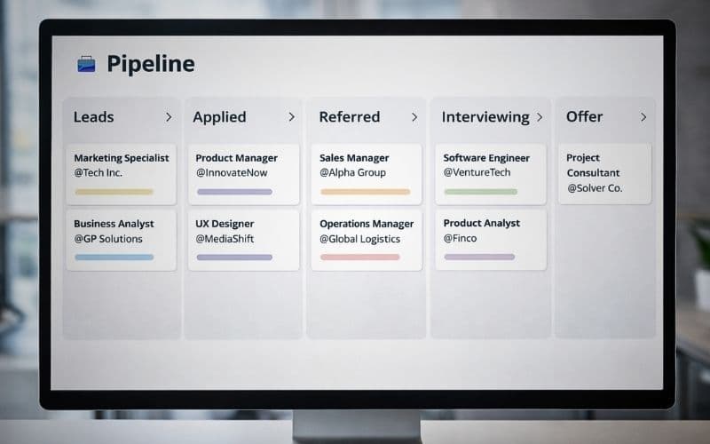 Mid‑career professional building a job search strategy for 2026 on a laptop, splitting time between online job boards, LinkedIn networking, and a tracking spreadsheet to balance volume and targeted applications