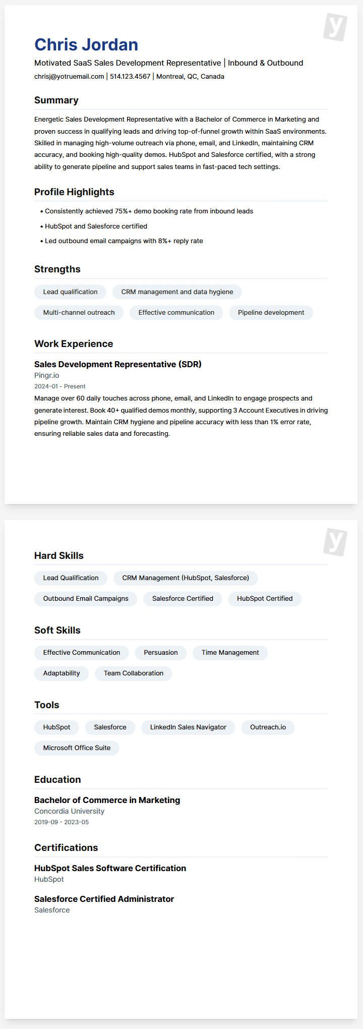 Resume Example - Entry-Level SDR (Inbound + Outbound)