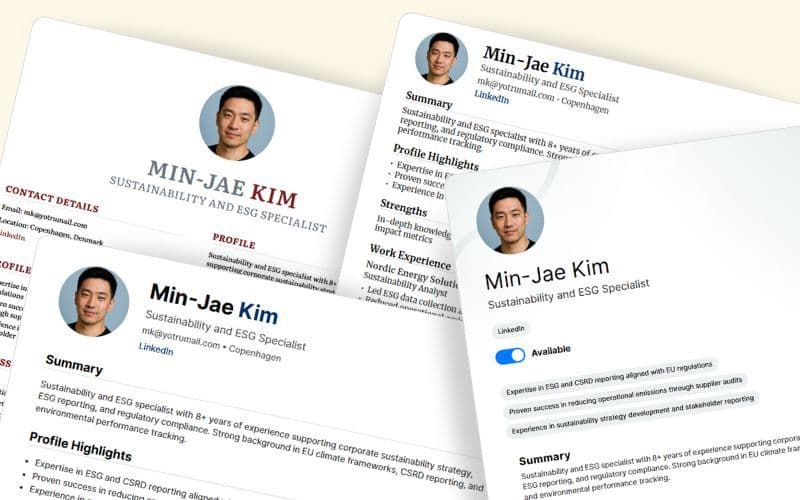 Four professional resume template styles showing modern two-column, minimalist, designer sidebar, and traditional formats
