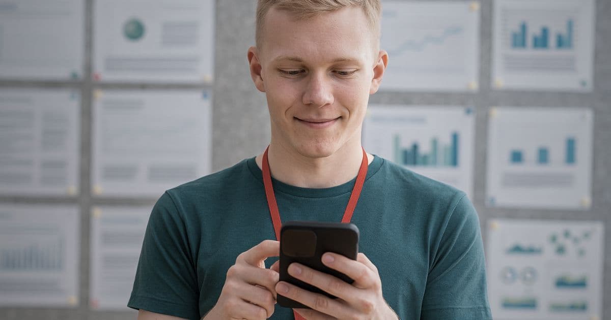 Young professional smiling while checking his phone in front of charts, symbolizing career planning and resume reference decisions.