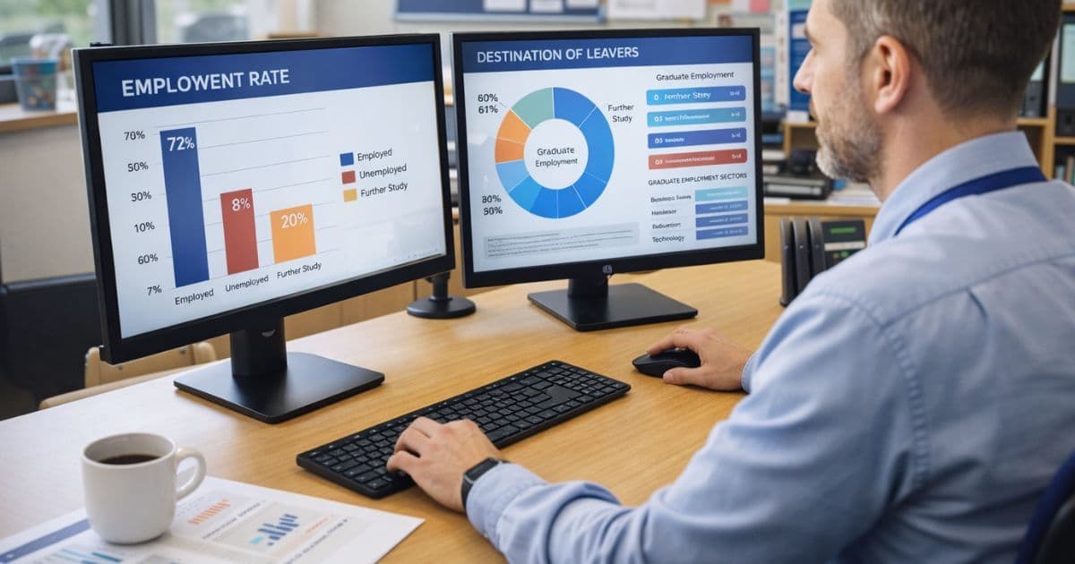 UK education professional analysing career outcomes education data showing employment rates and destination tracking charts
