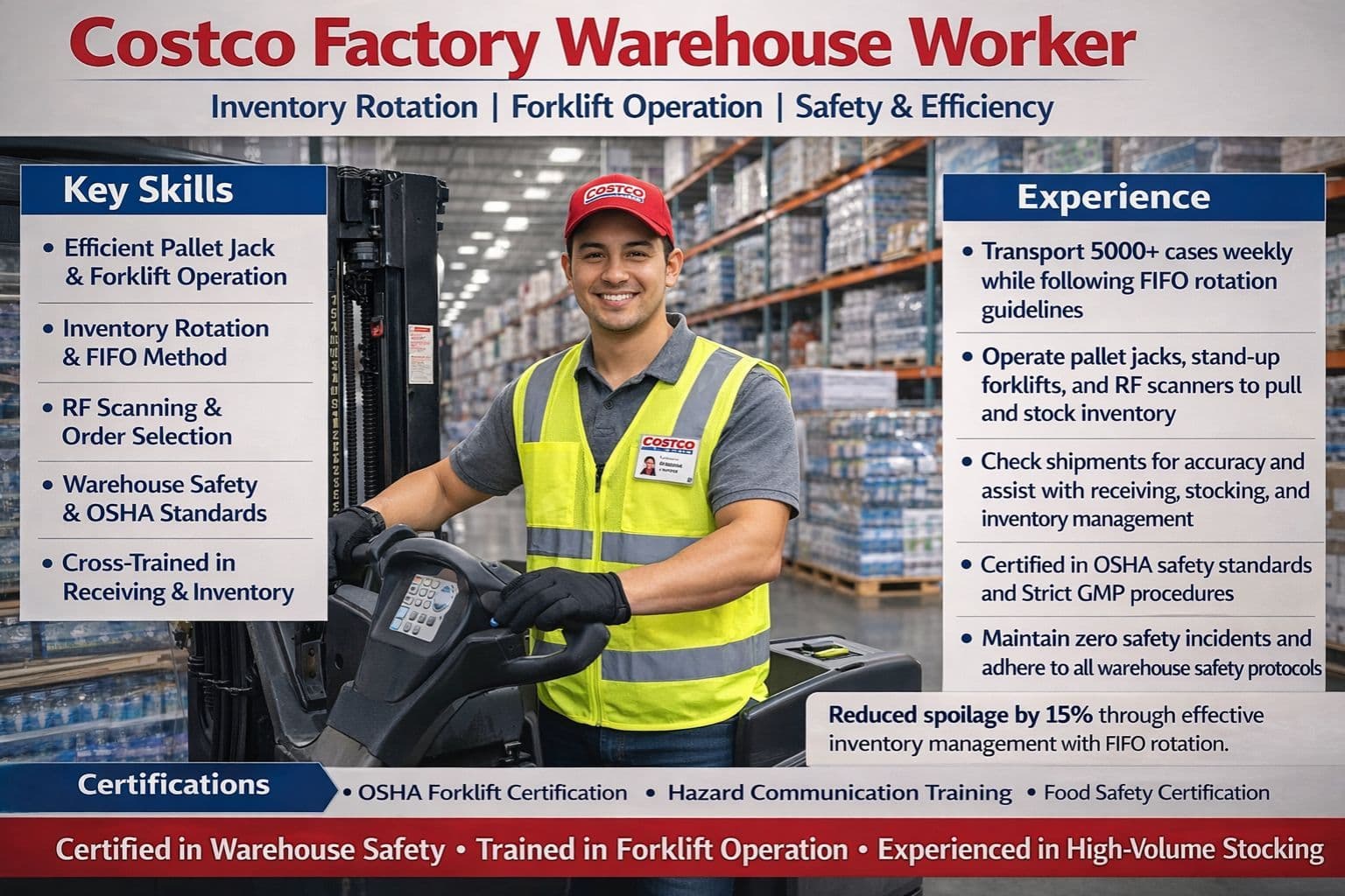 Costco warehouse worker operating a forklift and managing inventory with a focus on safety, FIFO rotation, and high-volume order fulfillment.