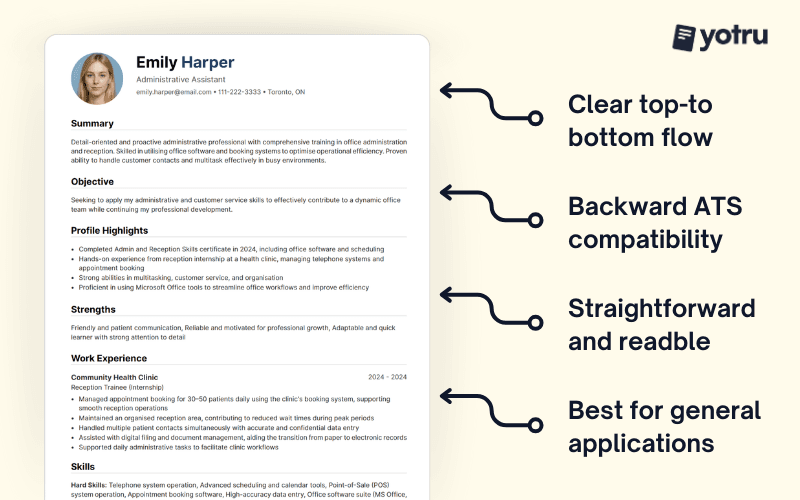 Single column resume layout showing a clean, ATS-friendly structure on a desktop screen