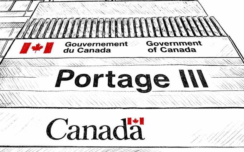 PSPC employee reviewing workforce adjustment documents at desk in Ottawa federal office with Parliament Buildings visible through window