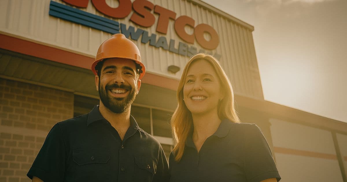 Smiling Costco employees standing outside a Costco Wholesale warehouse, representing career opportunities, team culture, and job growth for applicants.