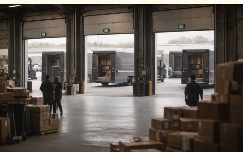 UPS logistics facility showing delivery trucks and warehouse operations as company announces 30,000 job cuts in 2026