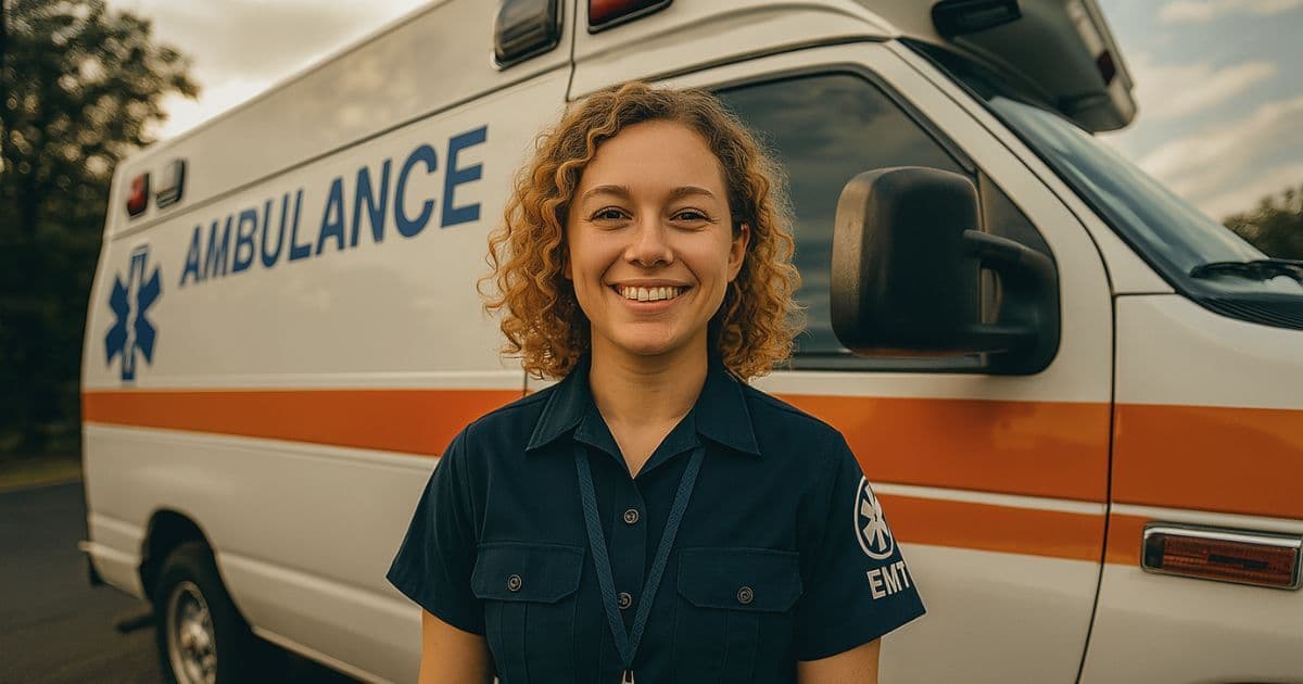 EMT professional standing in front of an ambulance while being employed through a Yotru Resume