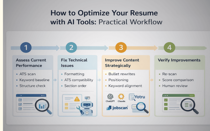 Workflow diagram showing a four-step AI resume optimization process in 2026, including performance assessment, ATS fixes, strategic content improvement, and verification using AI tools.