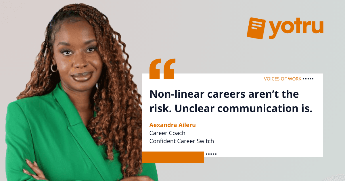 Portrait of career coach Alexandra Aileru in a green blazer with quote on non-linear careers and communication, featured in Yotru Voices of Work series