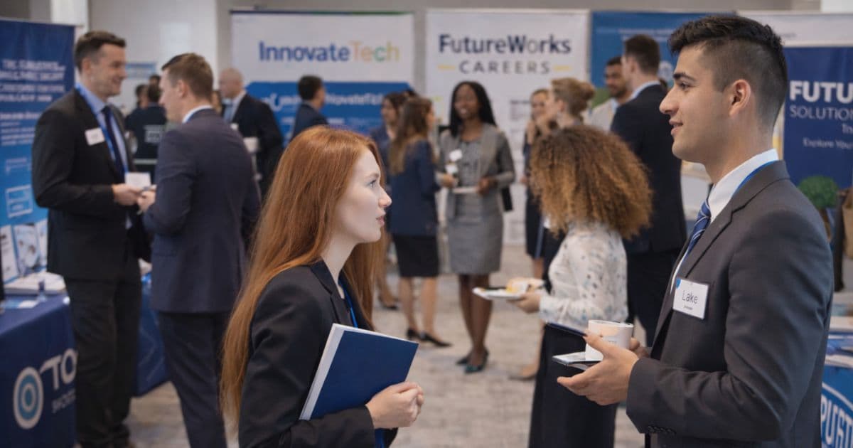 UK higher-ed school careers fair showing students engaging with employers while careers leaders use a career platform for education to coordinate the event