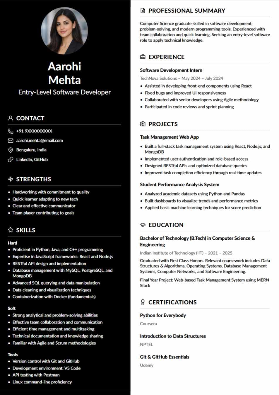 Fresh graduate software developer resume showcasing essential skills for freshers, including programming, projects, and technical competencies for entry-level roles.