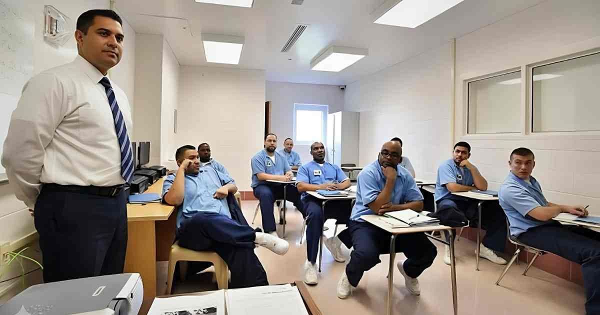 Correctional facility administrator reviewing employment readiness program outcomes showing reduced recidivism rates through job training and resume assistance